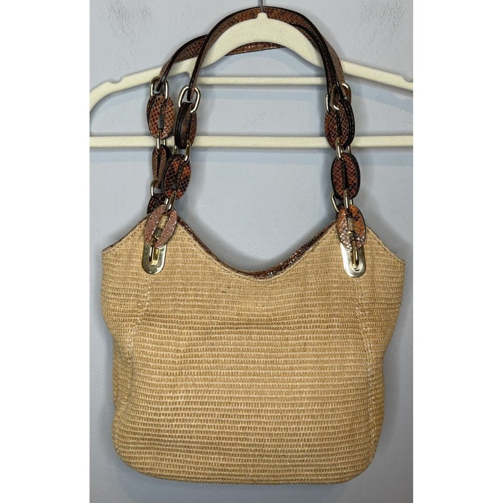 MICHAEL KORS STRAW SHOULDER BAG W/ REPTILE LEATHER TRIM GOLD TONE HARDWARE Boho - Picture 1 of 10